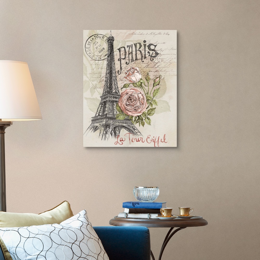 A traditional room featuring A sketch of the Eiffel tower is adorned with an illustrated rose and French text throughout.