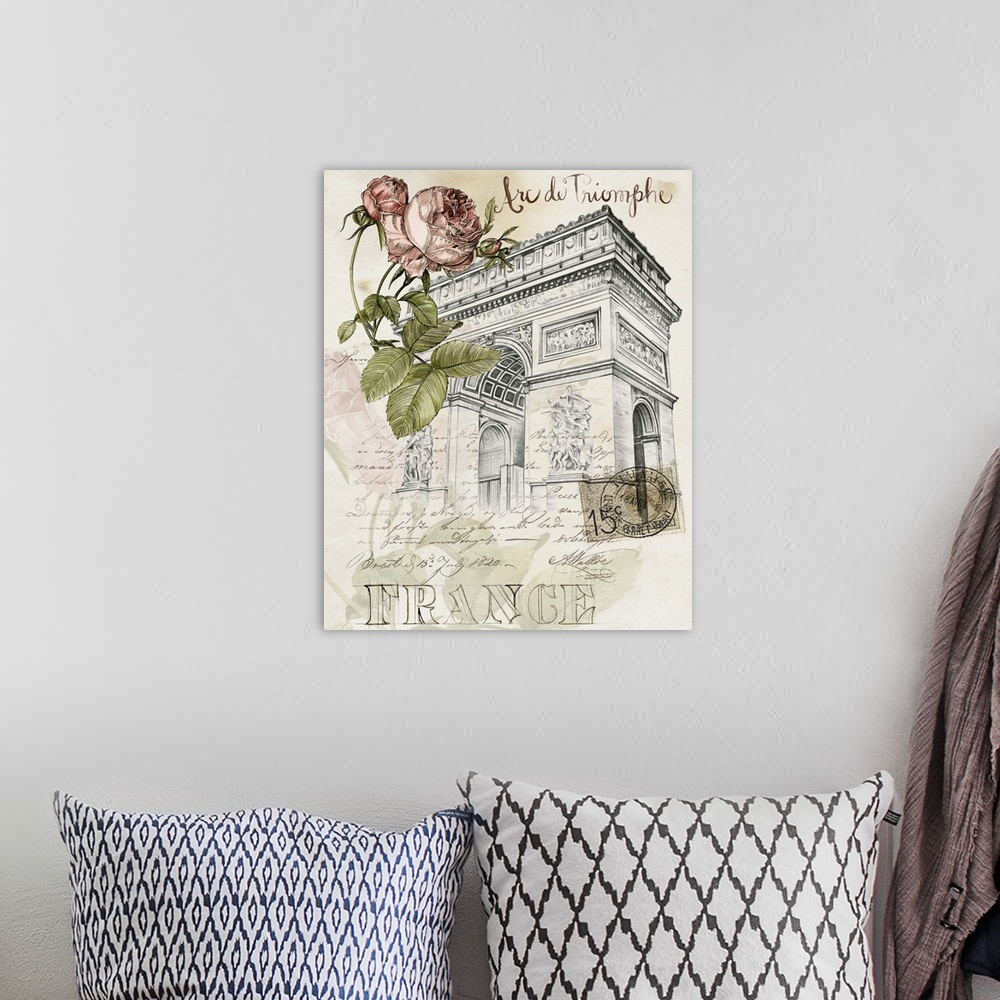A bohemian room featuring A sketch of the Arc de Triomphe is adorned with an illustrated rose and French text throughout.