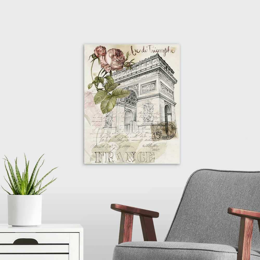 A modern room featuring A sketch of the Arc de Triomphe is adorned with an illustrated rose and French text throughout.