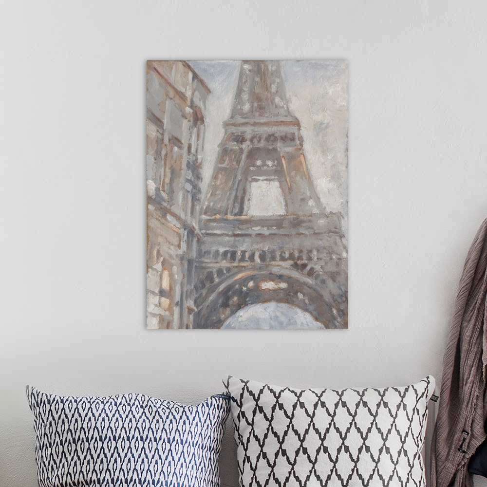 A bohemian room featuring Obscure wide brush strokes illustrate the view of the Eiffel tower from the street in this vertic...