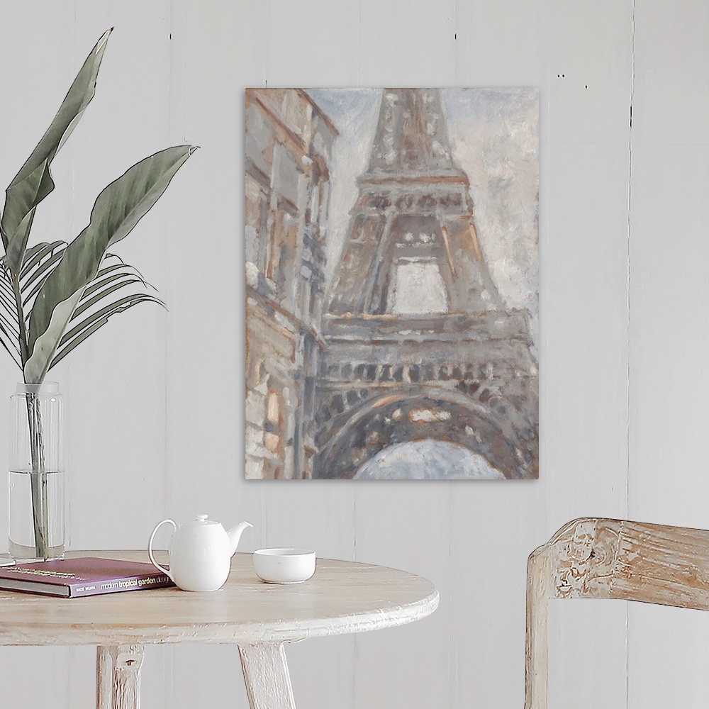 A farmhouse room featuring Obscure wide brush strokes illustrate the view of the Eiffel tower from the street in this vertic...