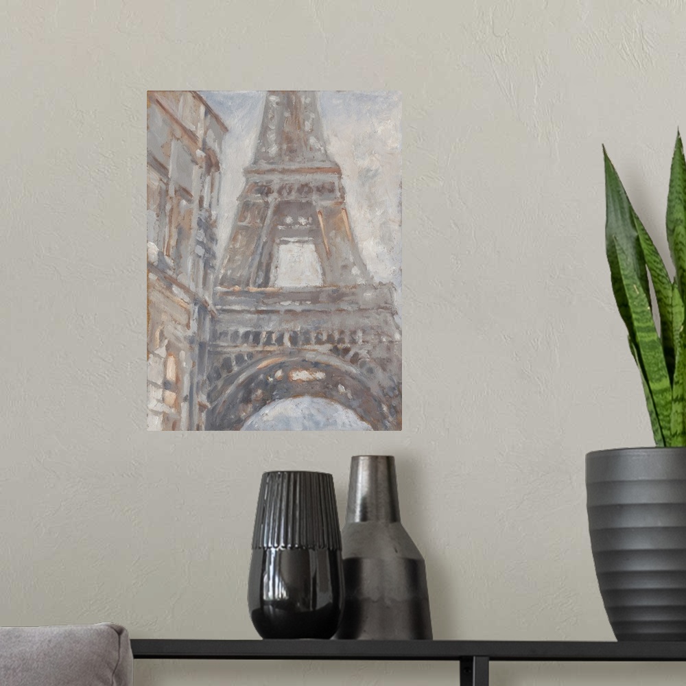 A modern room featuring Obscure wide brush strokes illustrate the view of the Eiffel tower from the street in this vertic...