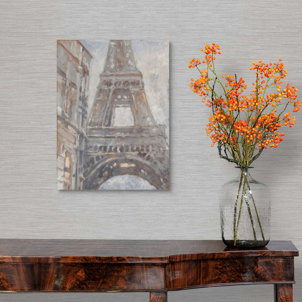 A traditional room featuring Obscure wide brush strokes illustrate the view of the Eiffel tower from the street in this vertic...