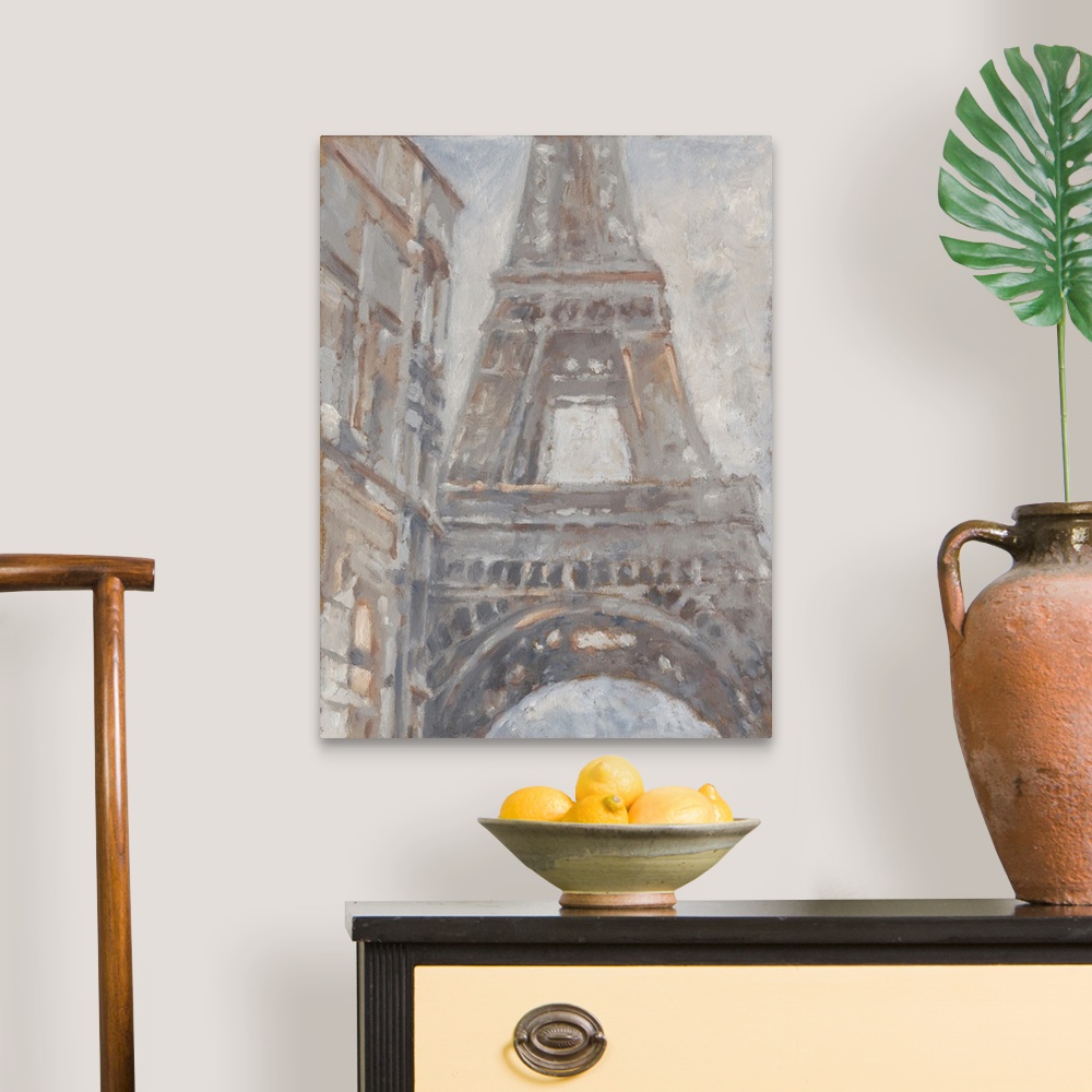 A traditional room featuring Obscure wide brush strokes illustrate the view of the Eiffel tower from the street in this vertic...