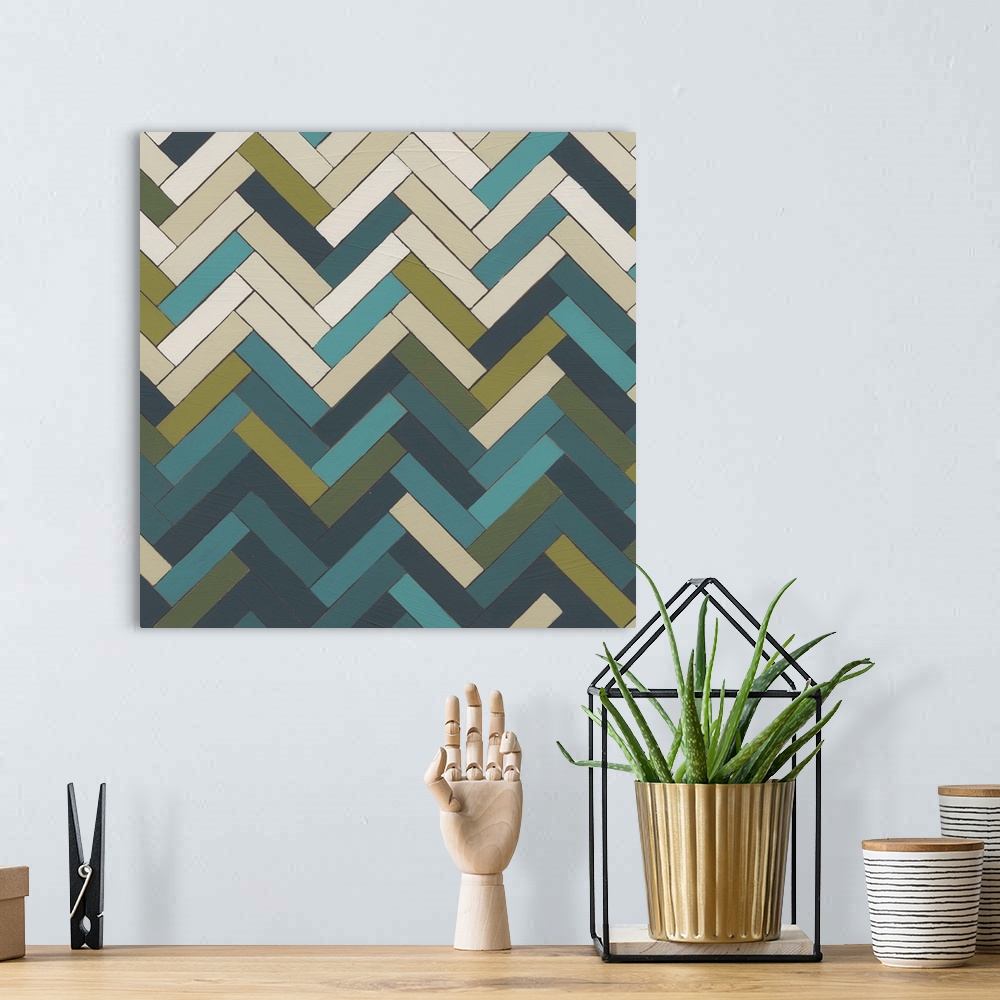 A bohemian room featuring Abstract geometric artwork in cool tones.