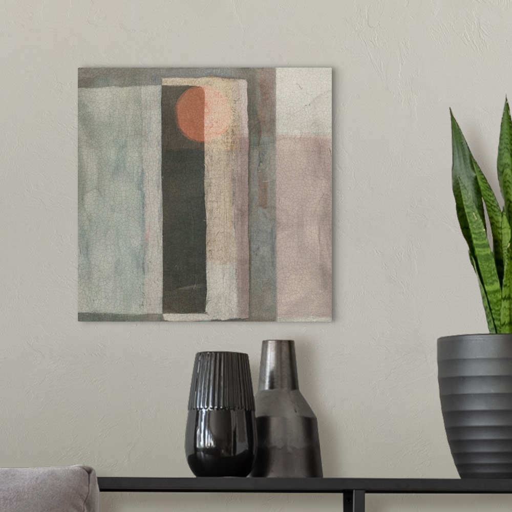 A modern room featuring This abstract artwork features overlapping rectangular shapes with a pink circle and is finished ...