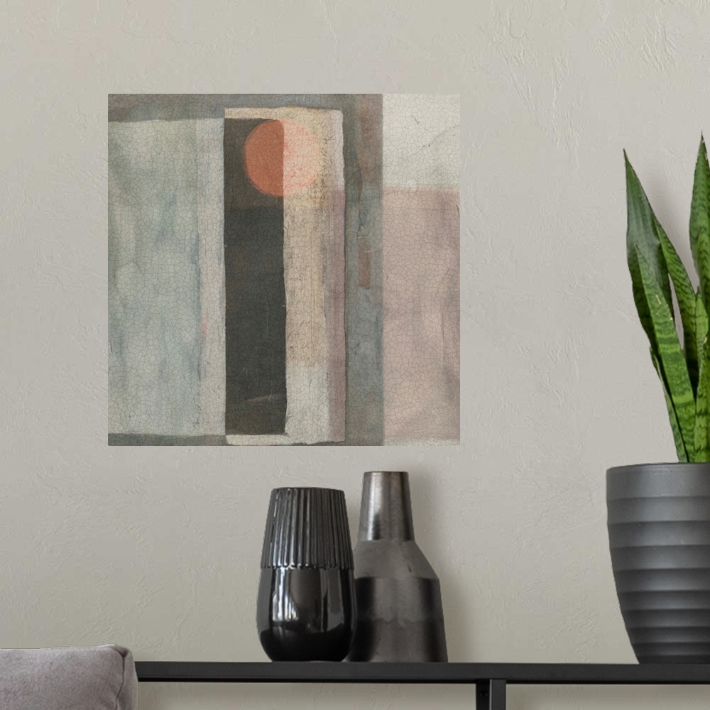 A modern room featuring This abstract artwork features overlapping rectangular shapes with a pink circle and is finished ...