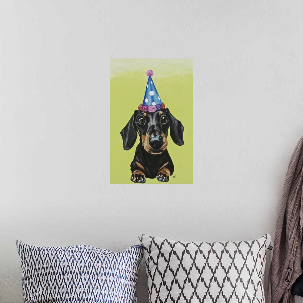 A bohemian room featuring Artwork of a black/brown dachshund wearing a party hat, on a lime green background.
