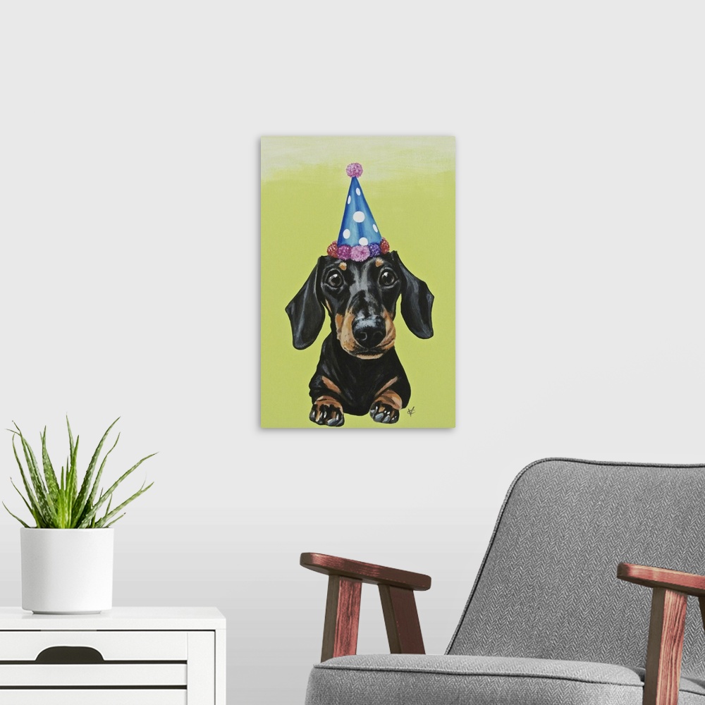 A modern room featuring Artwork of a black/brown dachshund wearing a party hat, on a lime green background.