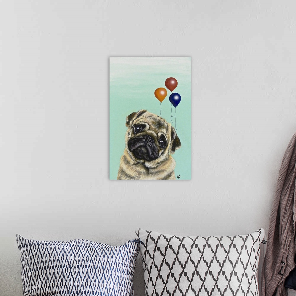 A bohemian room featuring Artwork of a beige pug with party balloons, on a teal background.