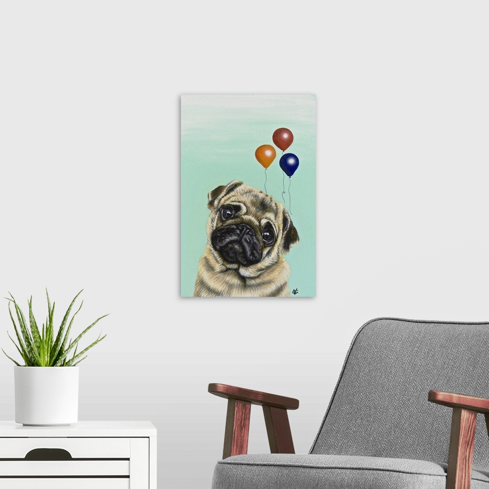 A modern room featuring Artwork of a beige pug with party balloons, on a teal background.