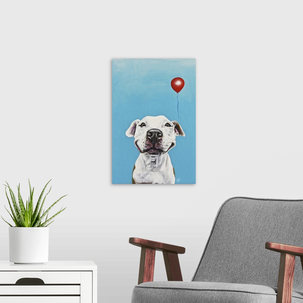 A modern room featuring Artwork of a white dog smiling with a red balloon, on a blue background.