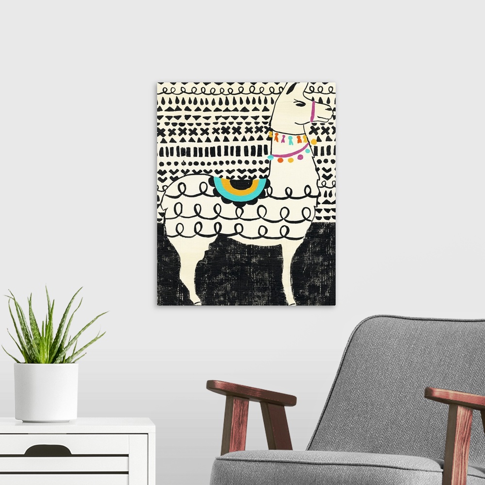 A modern room featuring Whimsical painting of a llama in black and white wearing colorful party decorations.