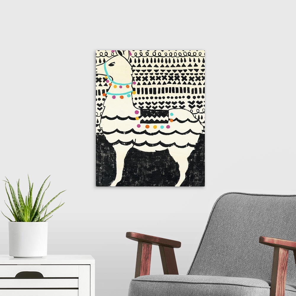 A modern room featuring Whimsical painting of a llama in black and white wearing colorful party decorations.