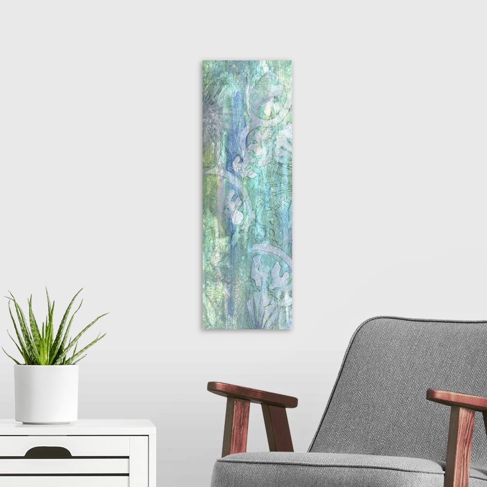 A modern room featuring Contemporary abstract painting using a variety of vibrant colors and faded distressed textures.