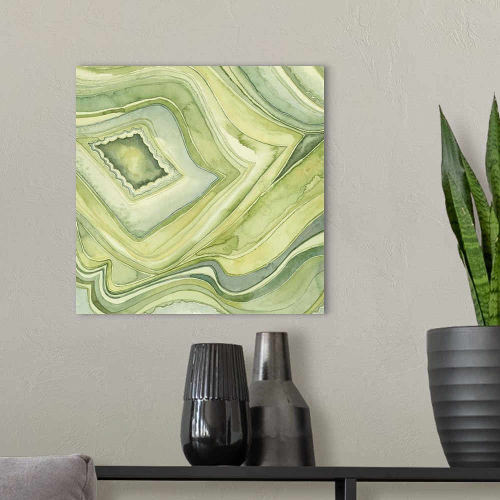 A modern room featuring A contemporary abstract painting of layered lines in graduated colors resembling a geode cross se...