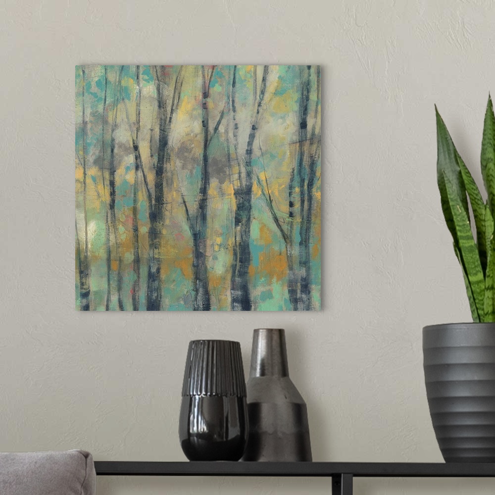 A modern room featuring Painting of a forest with thin trees against an abstract background.