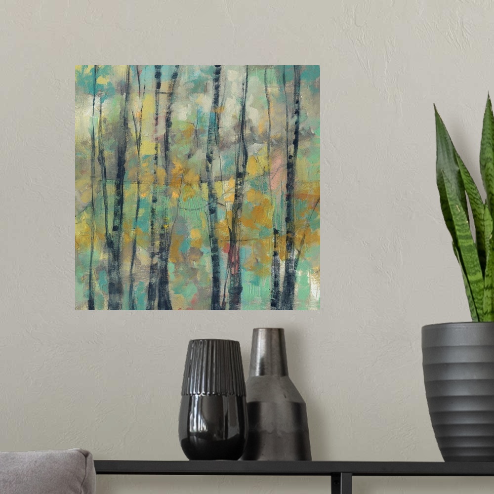A modern room featuring Painting of a forest with thin trees against an abstract background.