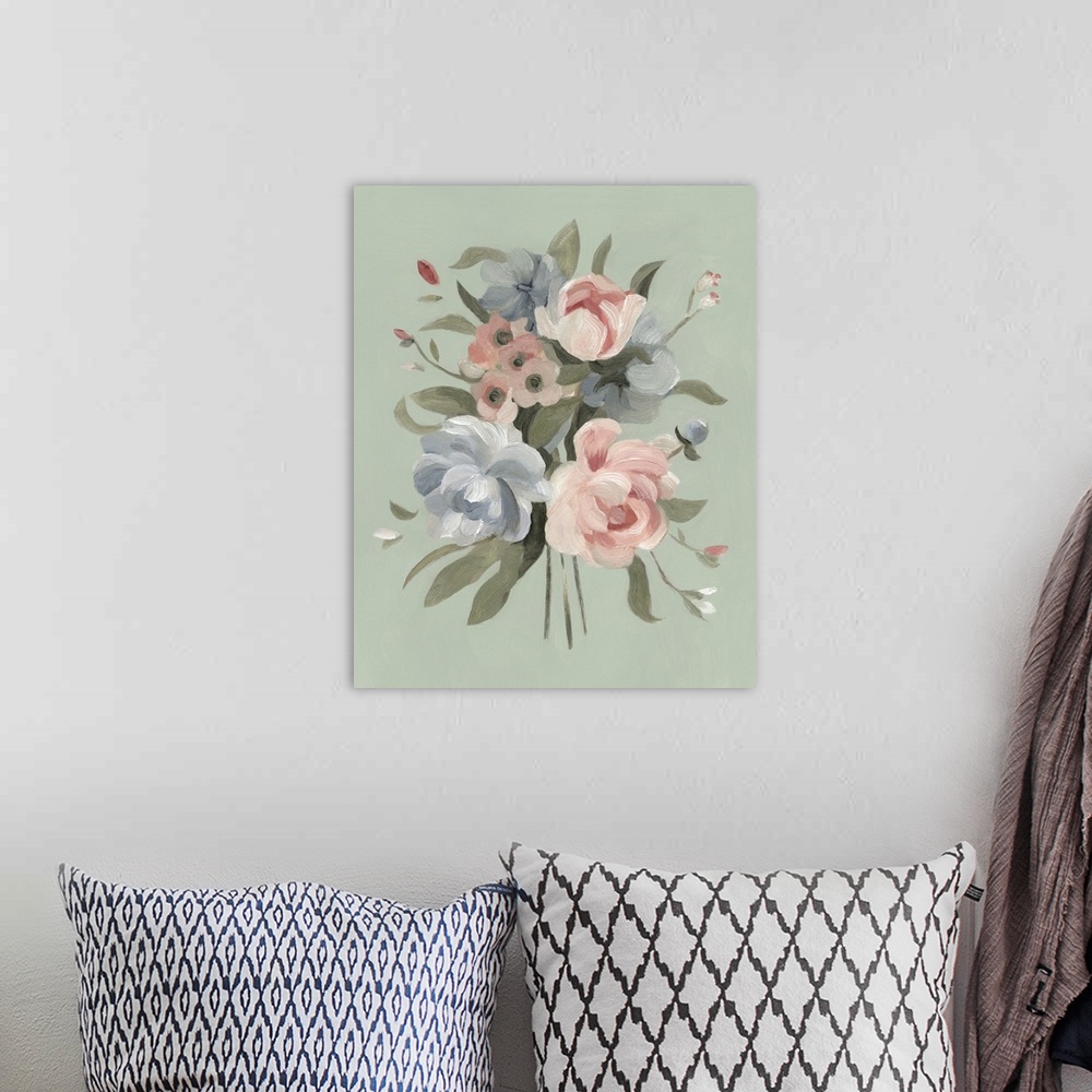 A bohemian room featuring Elegant contemporary painting of a bouquet of pink and blue flowers on a moss green backdrop.
