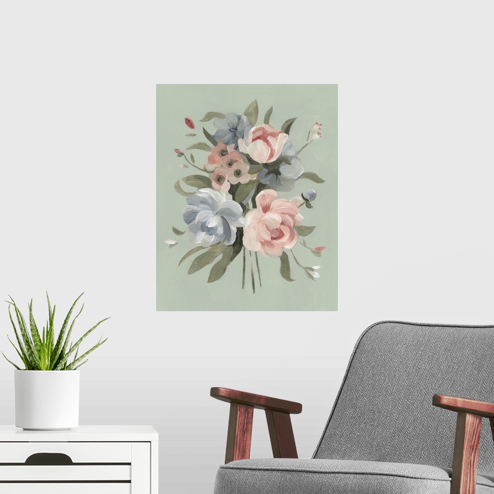 A modern room featuring Elegant contemporary painting of a bouquet of pink and blue flowers on a moss green backdrop.