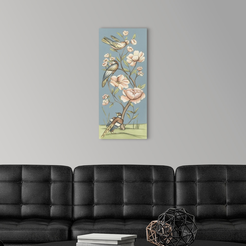 A modern room featuring Colorful whimsical artwork of garden birds perched on flowering plant.