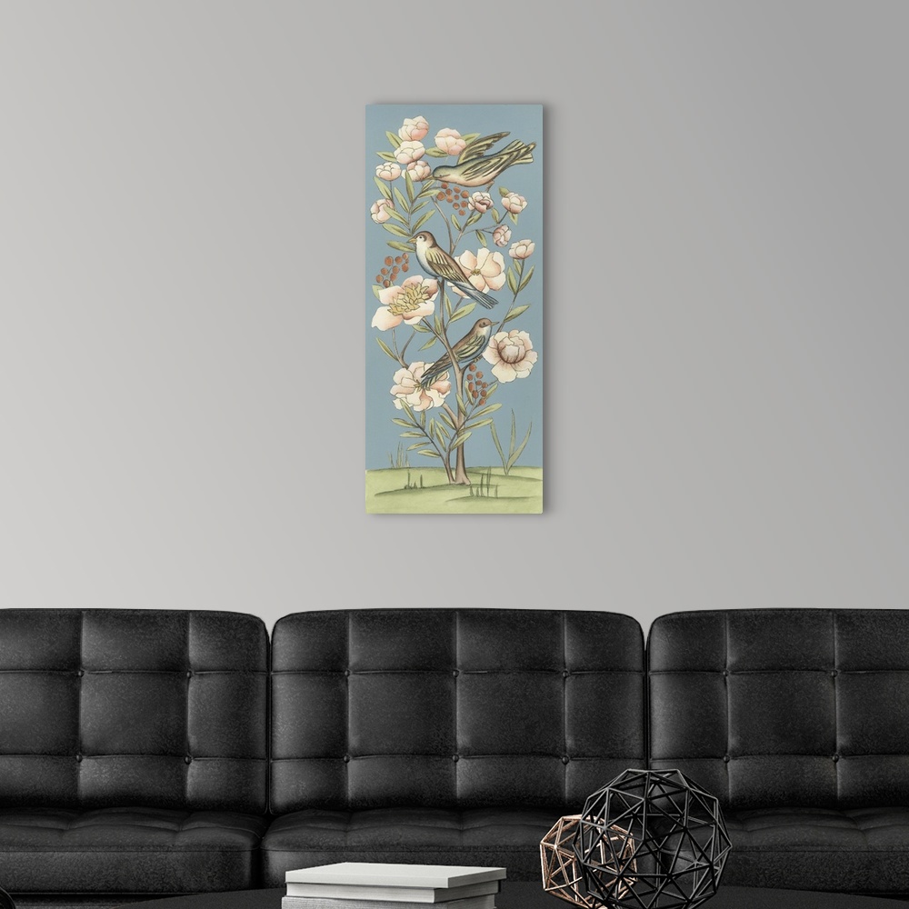 A modern room featuring Colorful whimsical artwork of garden birds perched on flowering plant.