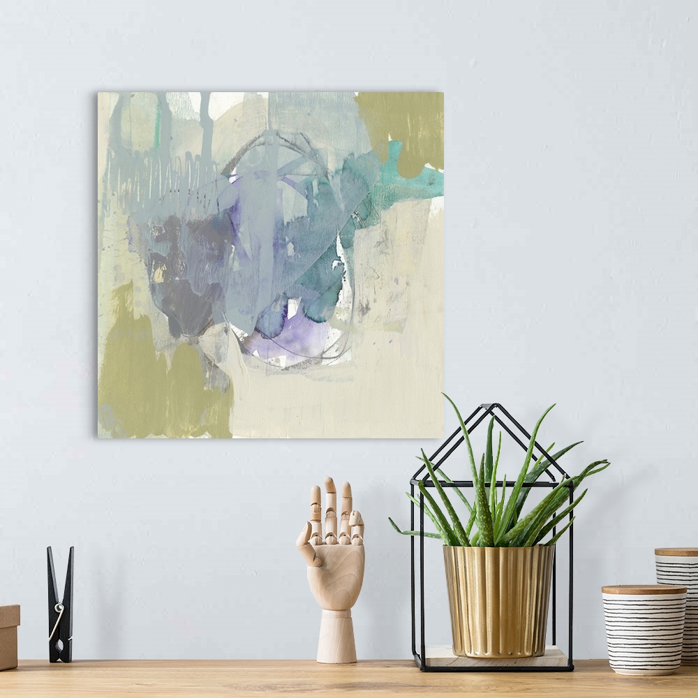 A bohemian room featuring Contemporary abstract painting in pale pink, olive green, and blue.