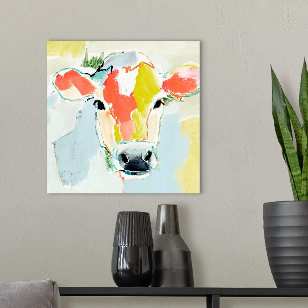 A modern room featuring Pastel Cow I