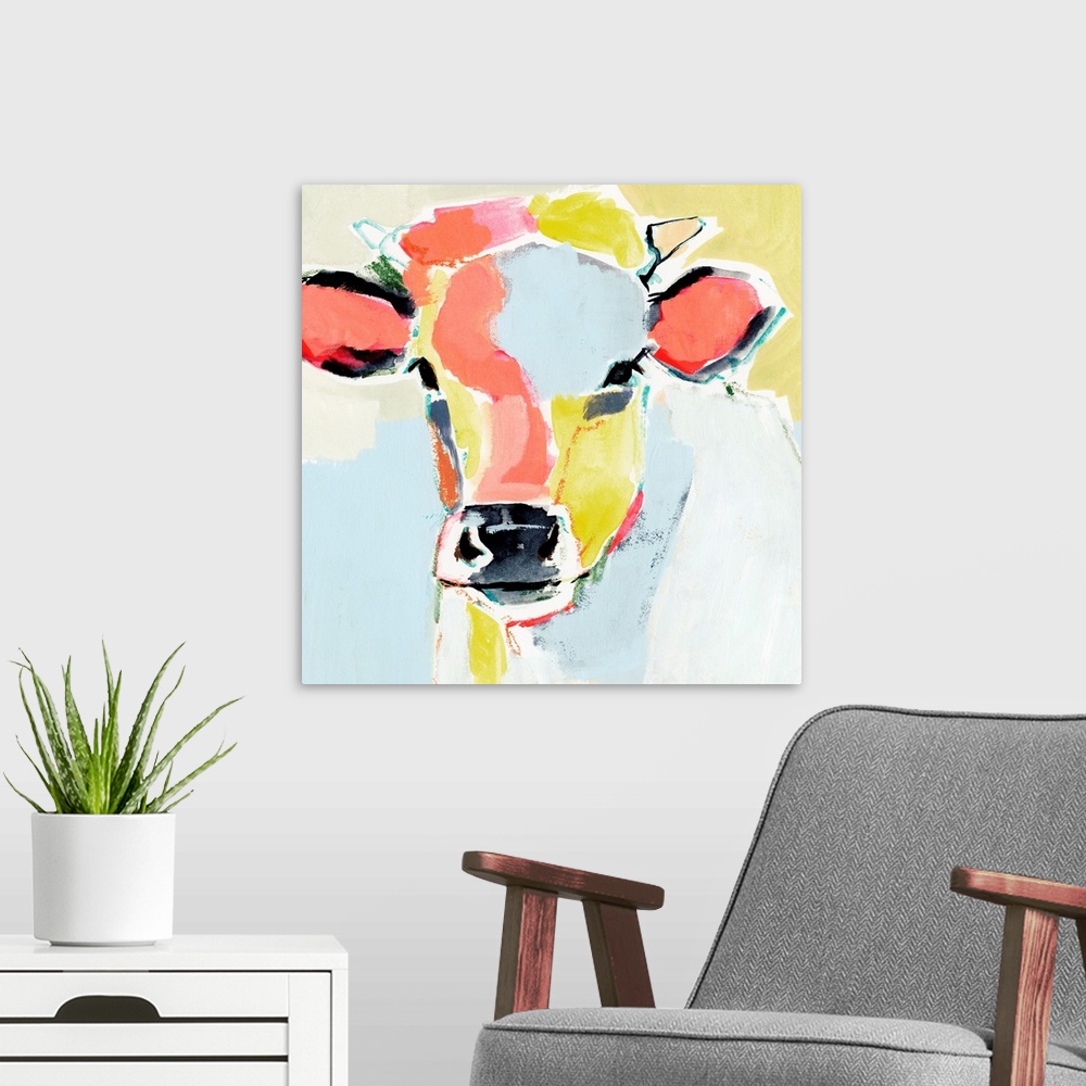 A modern room featuring Pastel Cow II
