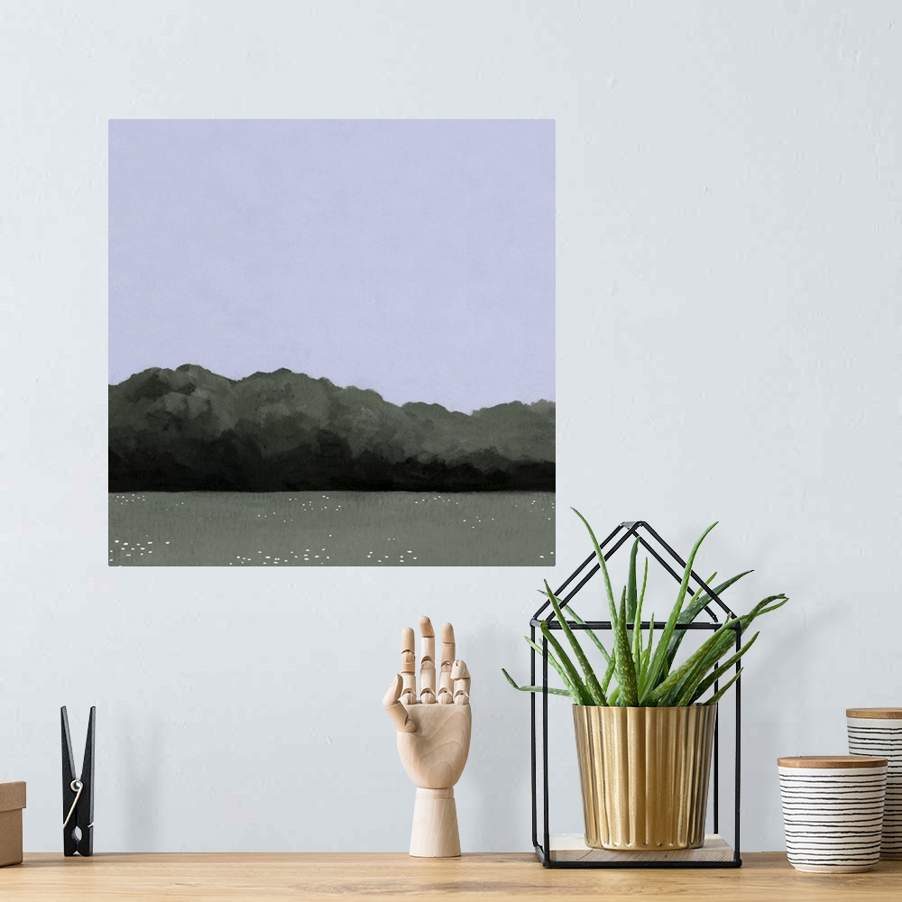 A bohemian room featuring A simple contemporary painting of a field lined by a forest of trees with a wide, open evening sky.