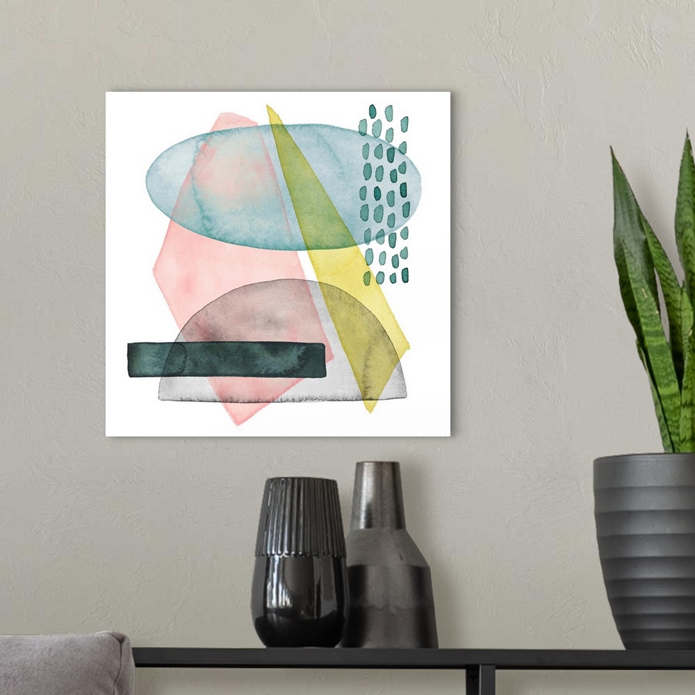 A modern room featuring Square artwork of watercolor shapes in spring colors overlapping mark making lines.