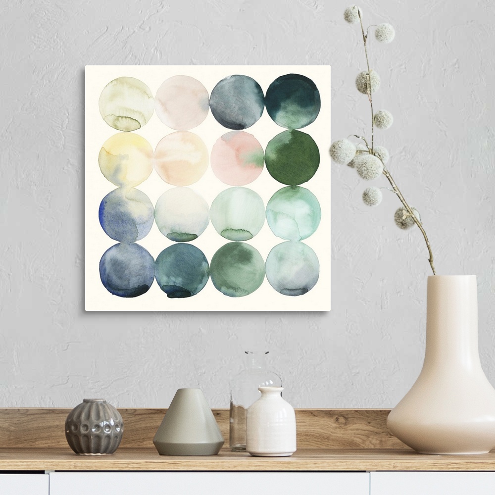 A farmhouse room featuring Watercolor painting of colorful circles in rows on a white, square background.