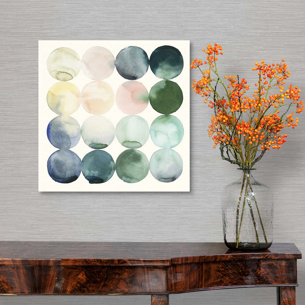 A traditional room featuring Watercolor painting of colorful circles in rows on a white, square background.