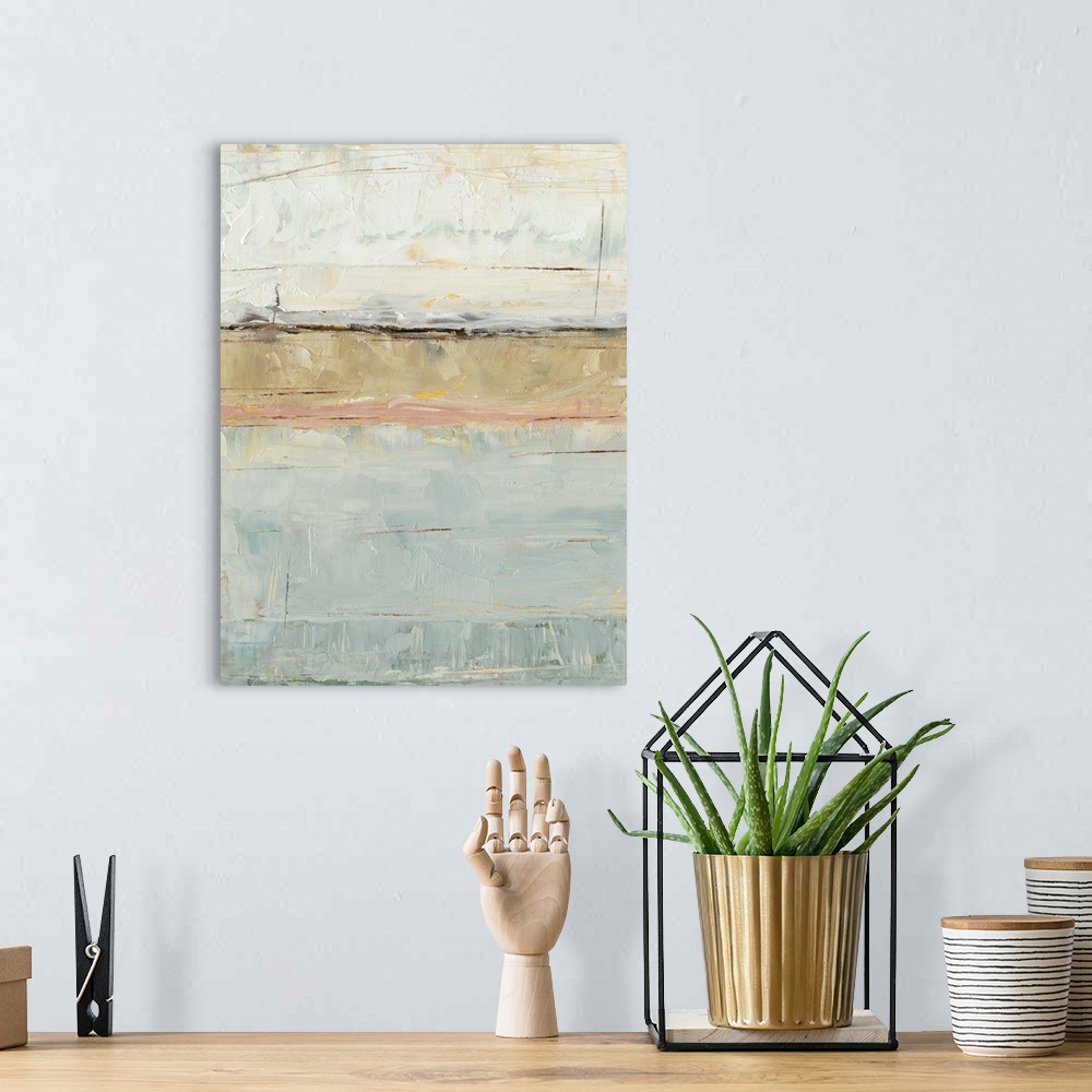 A bohemian room featuring Contemporary abstract painting with pale blue, pink, and brown planes of color.