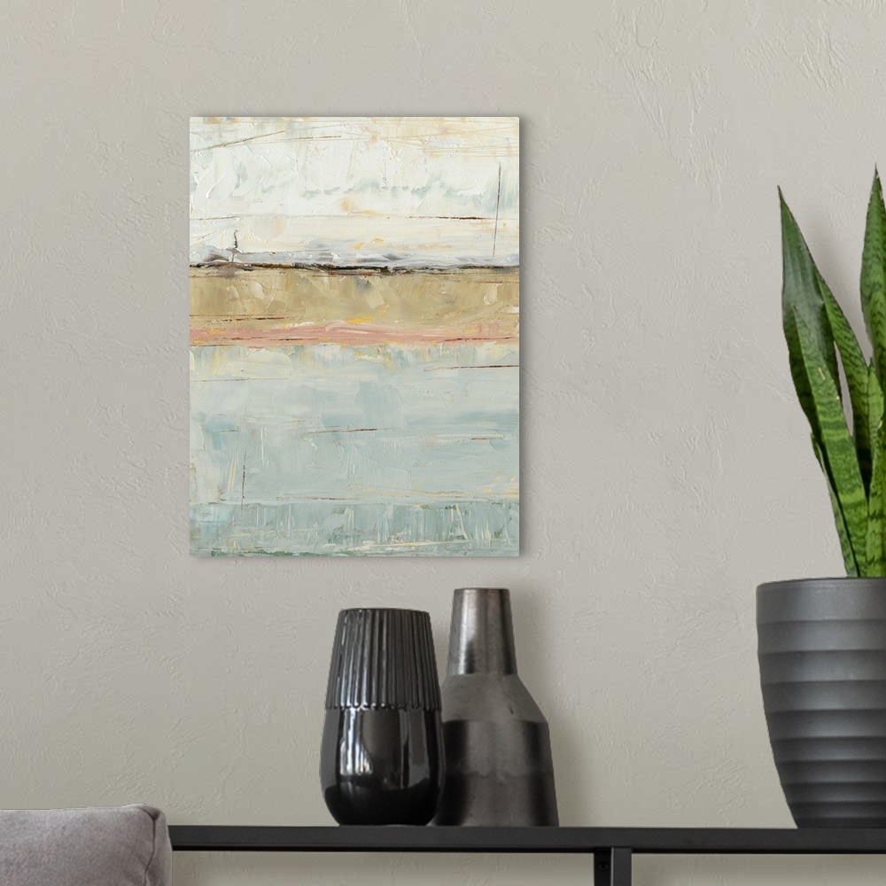 A modern room featuring Contemporary abstract painting with pale blue, pink, and brown planes of color.