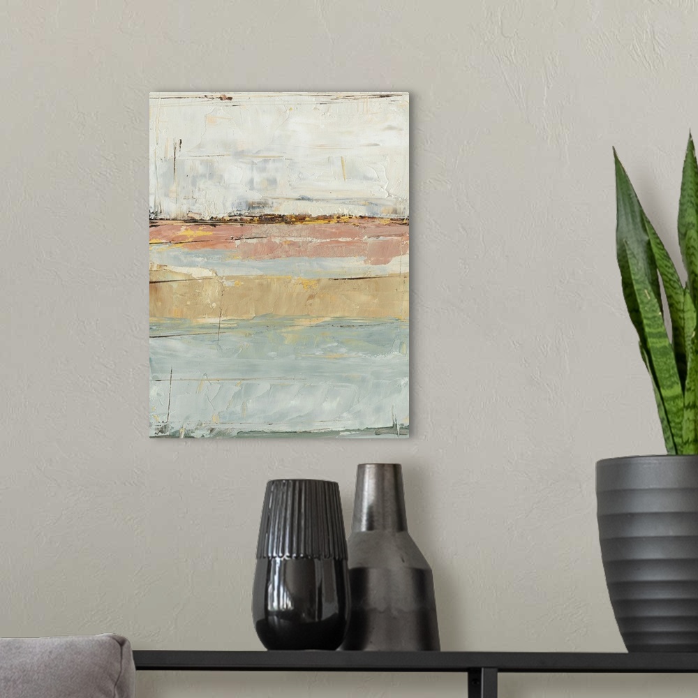 A modern room featuring Contemporary abstract painting with pale blue, pink, and brown planes of color.