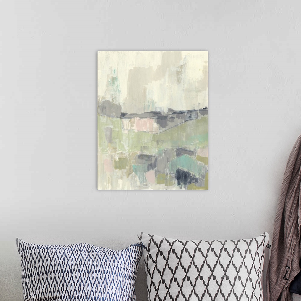 A bohemian room featuring Abstract pastel landscape.