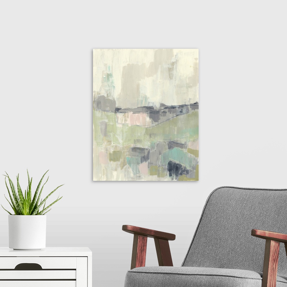 A modern room featuring Abstract pastel landscape.