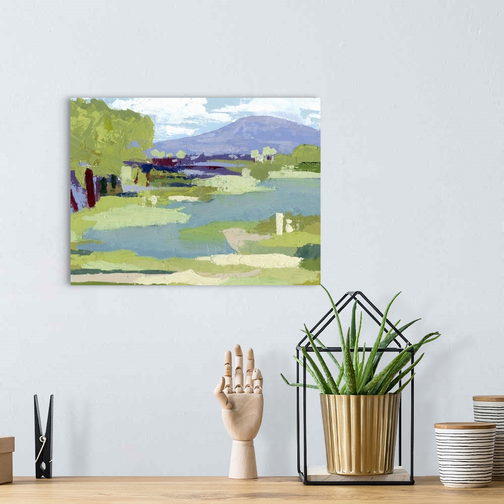 A bohemian room featuring Contemporary painting of a marshy field with trees.