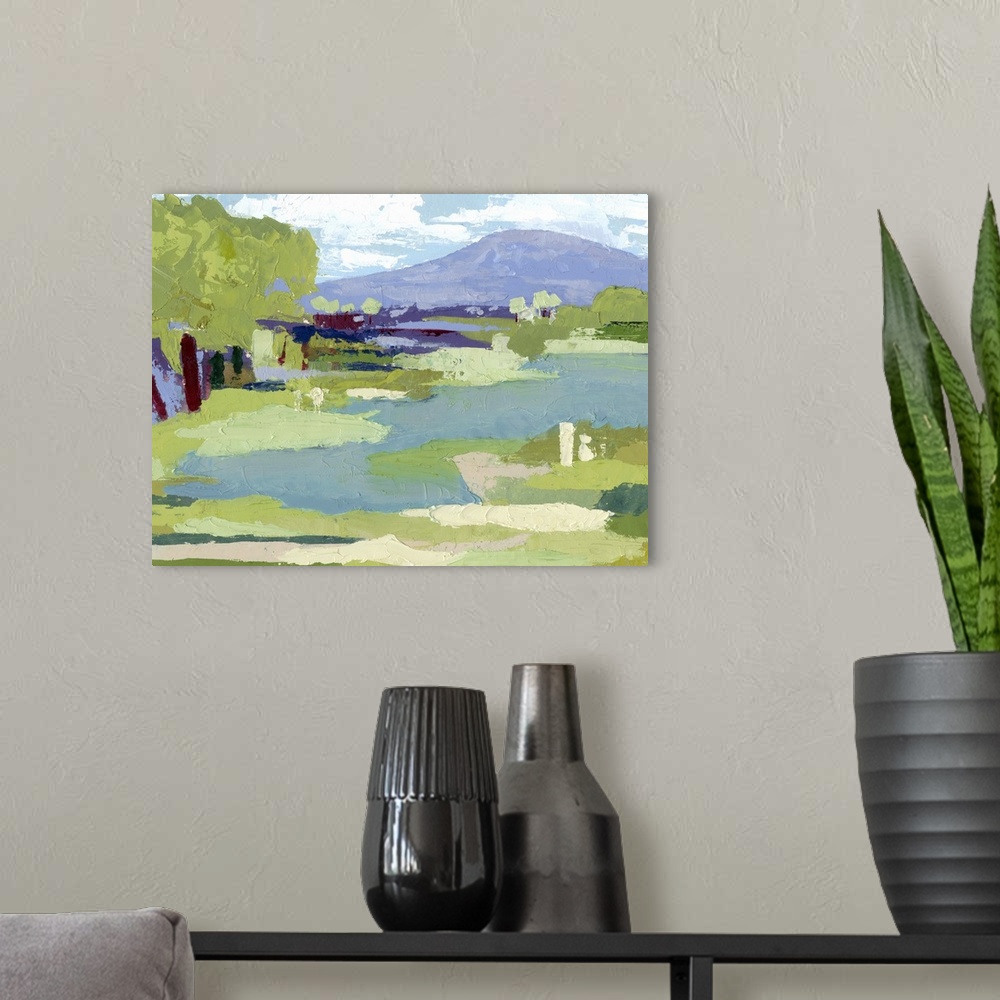 A modern room featuring Contemporary painting of a marshy field with trees.