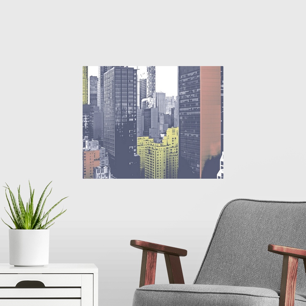 A modern room featuring Photograph of a cityscape that some buildings have been edited to a color effect.