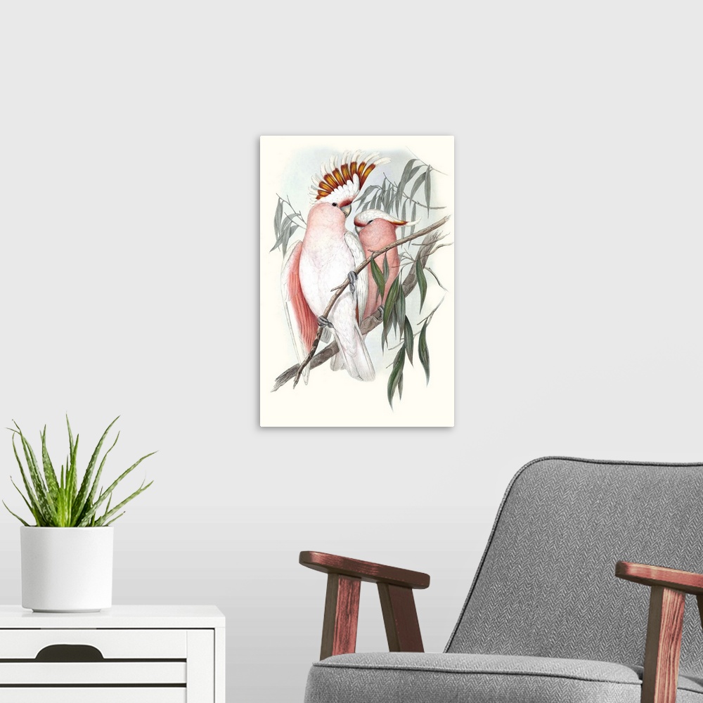 A modern room featuring Decorative artwork of tropical parrots perched on branches in pastel tones.