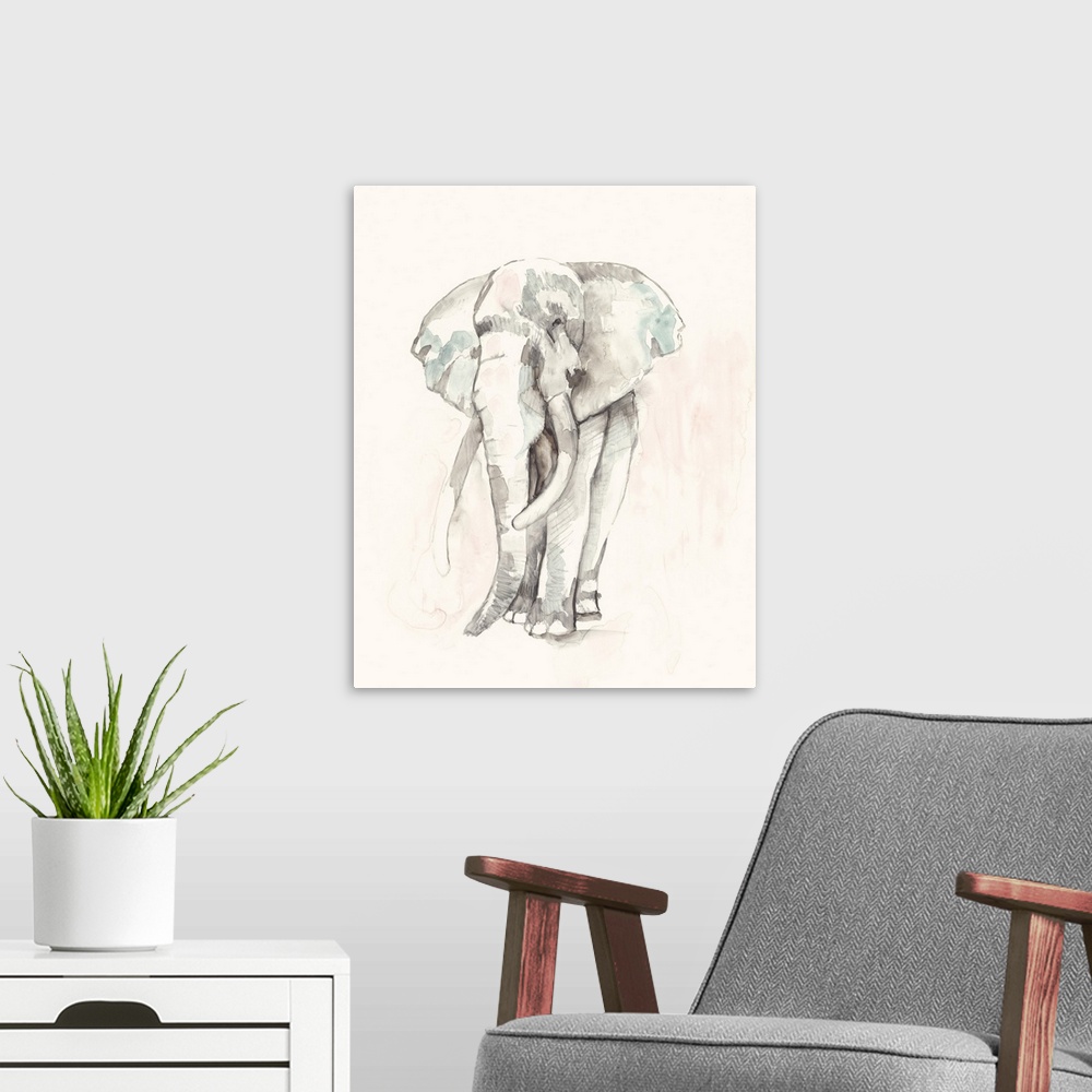 A modern room featuring Contemporary abstract painting of an elephant in soft pastel hues.