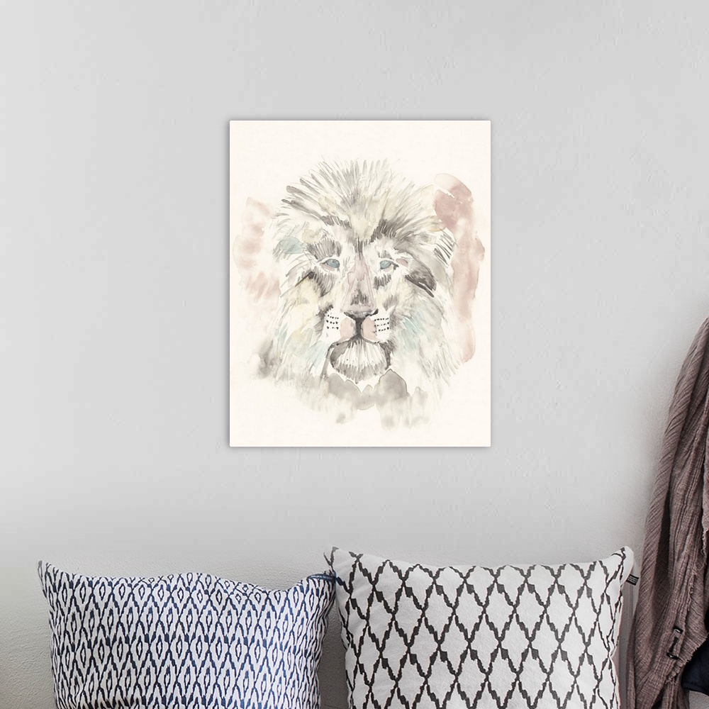 A bohemian room featuring Contemporary abstract painting of a lion in soft pastel hues.