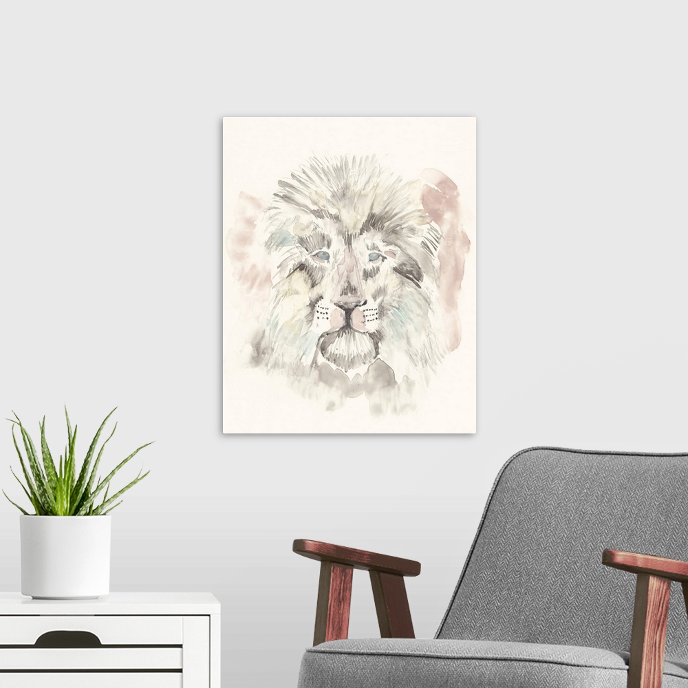 A modern room featuring Contemporary abstract painting of a lion in soft pastel hues.