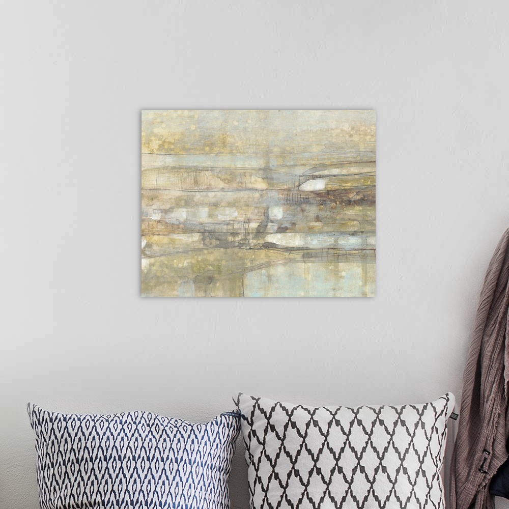 A bohemian room featuring Contemporary abstract painting using faded distressed colors and horizontal lines distinguished b...