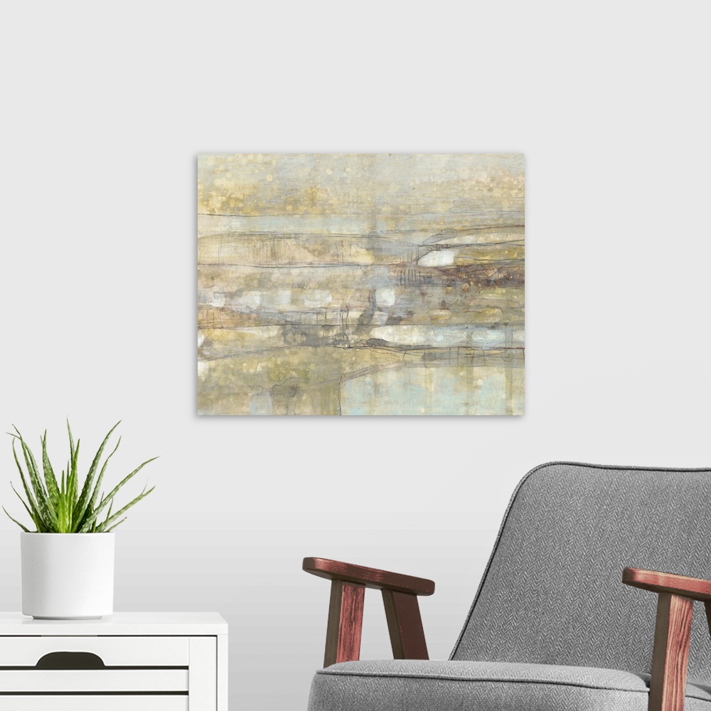 A modern room featuring Contemporary abstract painting using faded distressed colors and horizontal lines distinguished b...