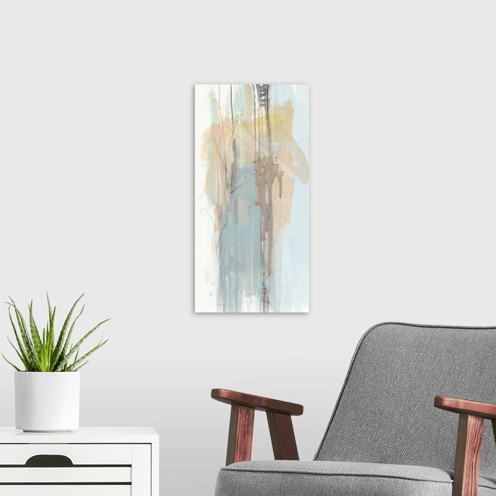 A modern room featuring Strong brushstrokes and paint splatters in pastel hues make up this contemporary abstract painting.