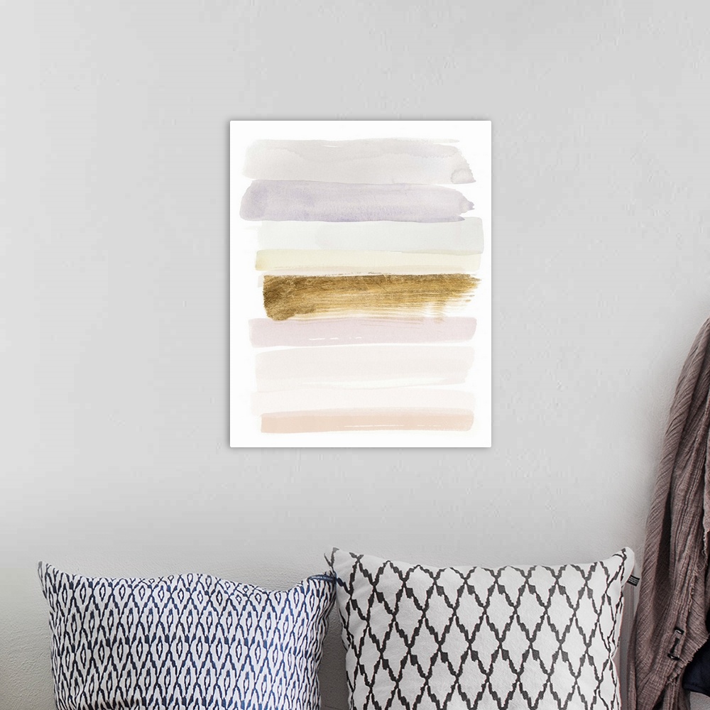 A bohemian room featuring Abstract painting using pastel colors in horizontal strokes with a dark strokes in the center.