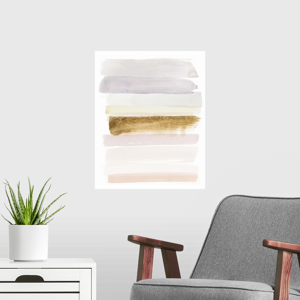 A modern room featuring Abstract painting using pastel colors in horizontal strokes with a dark strokes in the center.